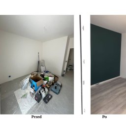 Broker Bud - remonty i wykończenia wnętrz - Zdjęcie 'przed i po' malowania pokoju: zagracone pomieszczenie z białymi ścianami i pokój po remoncie z pomalowaną na zielono ścianą i nową podłogą.