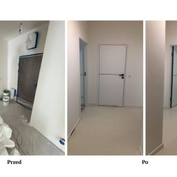 Broker Bud - remonty i wykończenia wnętrz - Korytarz po odświeżeniu: widok przed i po malowaniu. Na pierwszym planie worki farby, w tle białe ściany i drzwi z czarnymi klamkami. Nowoczesne wykończenie.