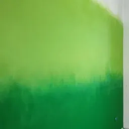 Ściana pomalowana farbą w odcieniach zieleni, przechodząca od ciemnego do jasnego, aż do bieli u góry. Widoczny fragment podłogi z zabezpieczeniem.