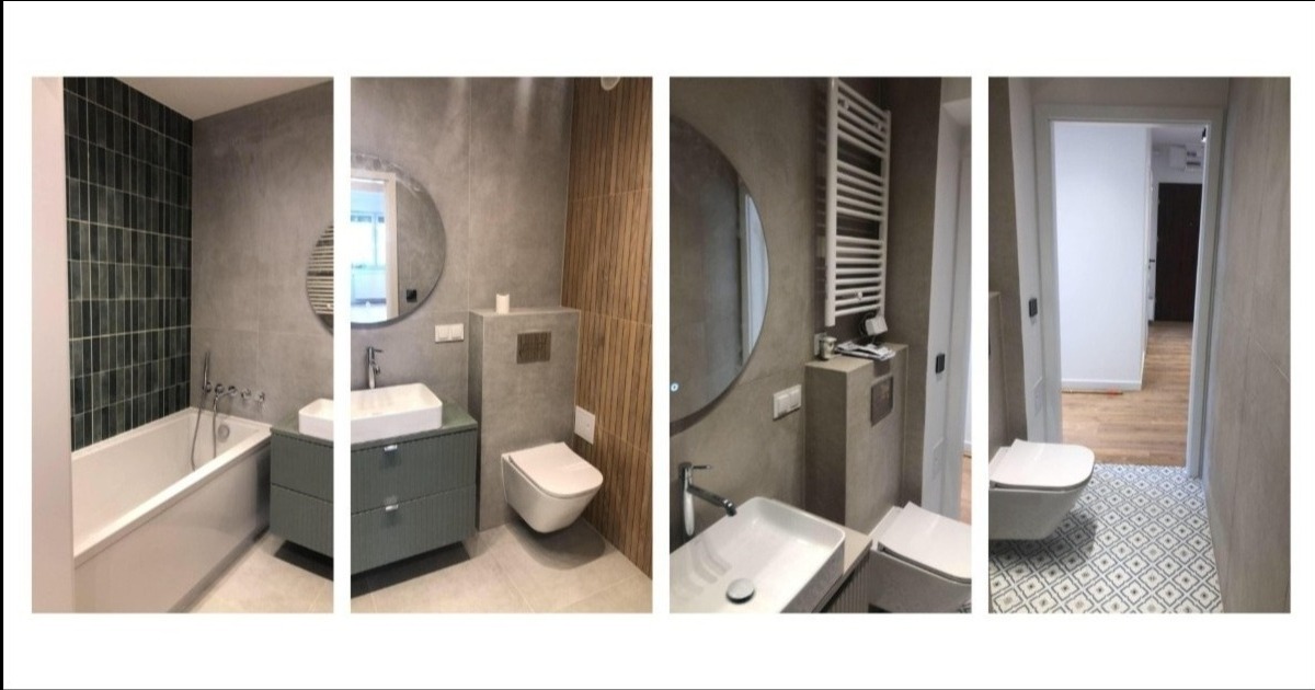 Wizualizacja czterech ujęć nowoczesnej łazienki: zielona mozaika nad wanną, umywalka nablatowa na szafce w kolorze szałwii, toaleta podwieszana z drewnianą ścianą oraz wzorzysta podłoga w przejściu.