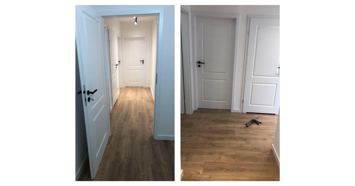 Długi korytarz z białymi drzwiami i panelami podłogowymi imitującymi drewno, widok z dwóch perspektyw: w perspektywie w głąb korytarza i na fragment podłogi z pistoletem do silikonu.