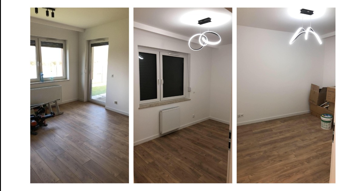 Trzy ujęcia tego samego pokoju z drewnianą podłogą: pierwsze z drabiną i narzędziami, drugie z nowoczesnym oświetleniem w kształcie okręgów, trzecie z pudełkami i farbą w rogu.