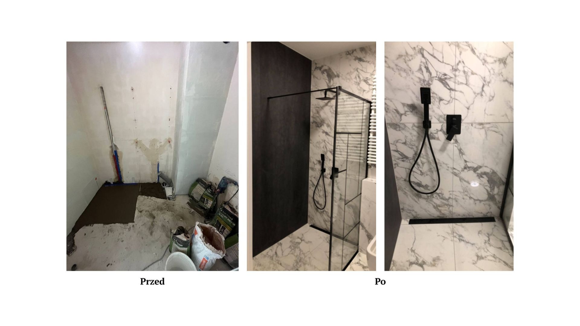 Fotografia 'przed i po' prezentuje etapy metamorfozy łazienki: od surowego stanu z instalacjami po elegancki prysznic z marmurowymi płytkami i czarną armaturą.