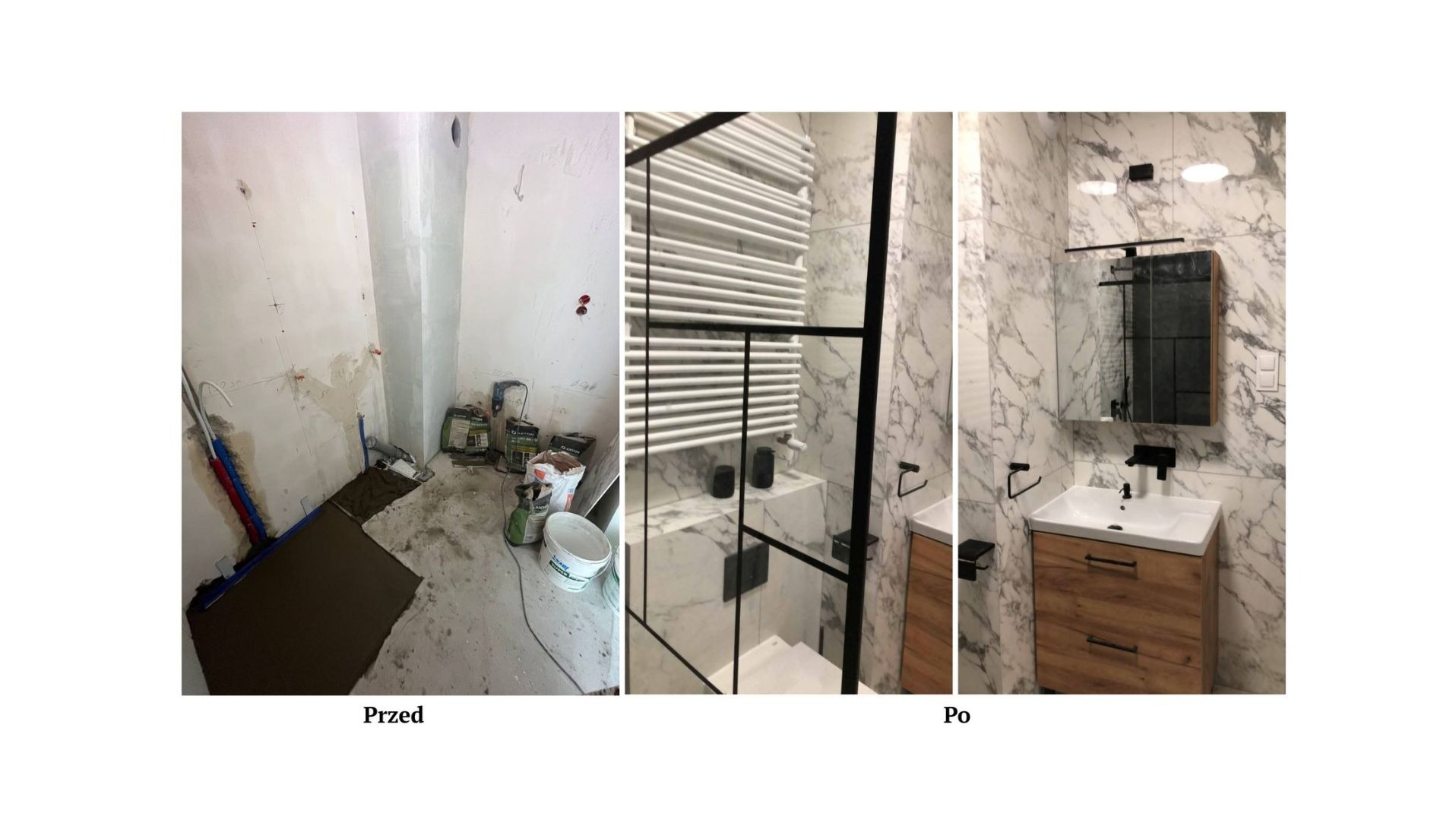 Remont łazienki: widok przed i po. Stan surowy z instalacjami vs. wykończona łazienka z marmurowymi płytkami, kabiną prysznicową i umywalką.