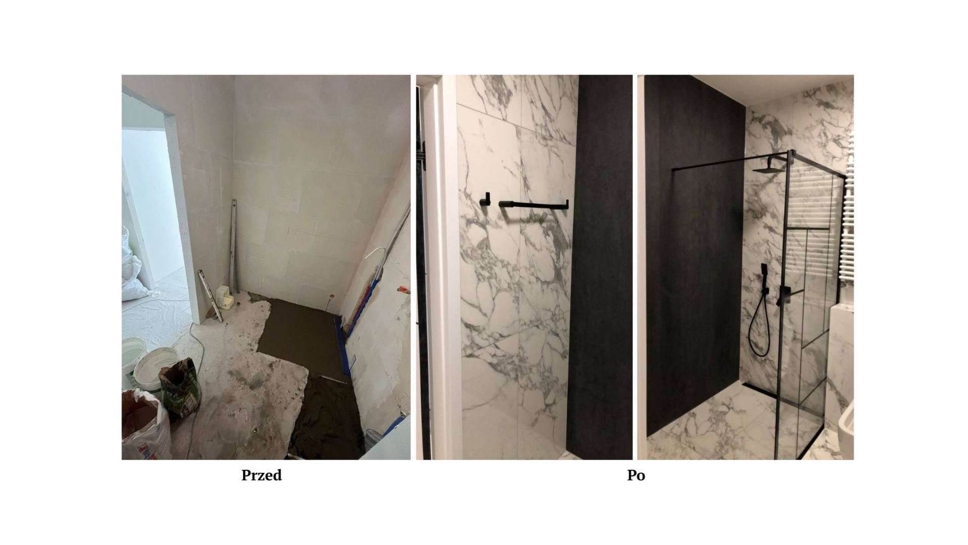 Remont łazienki: wizualizacja metamorfozy 'przed' - surowa podłoga i ściany, 'po' - nowoczesna kabina prysznicowa z czarną armaturą i marmurowymi płytkami.