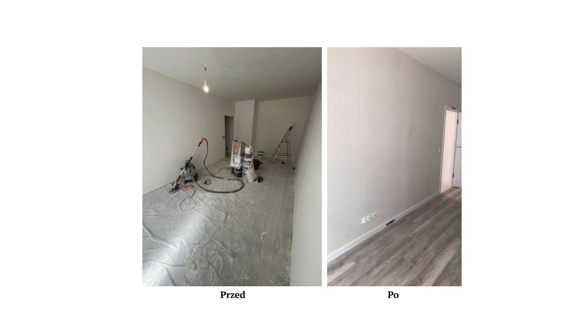 Zdjęcie 'przed i po' prezentuje pokój: po lewej - przygotowania do gładzi, szlifierka przy ścianie, folia na podłodze; po prawej - pokój po malowaniu, z panelami podłogowymi.
