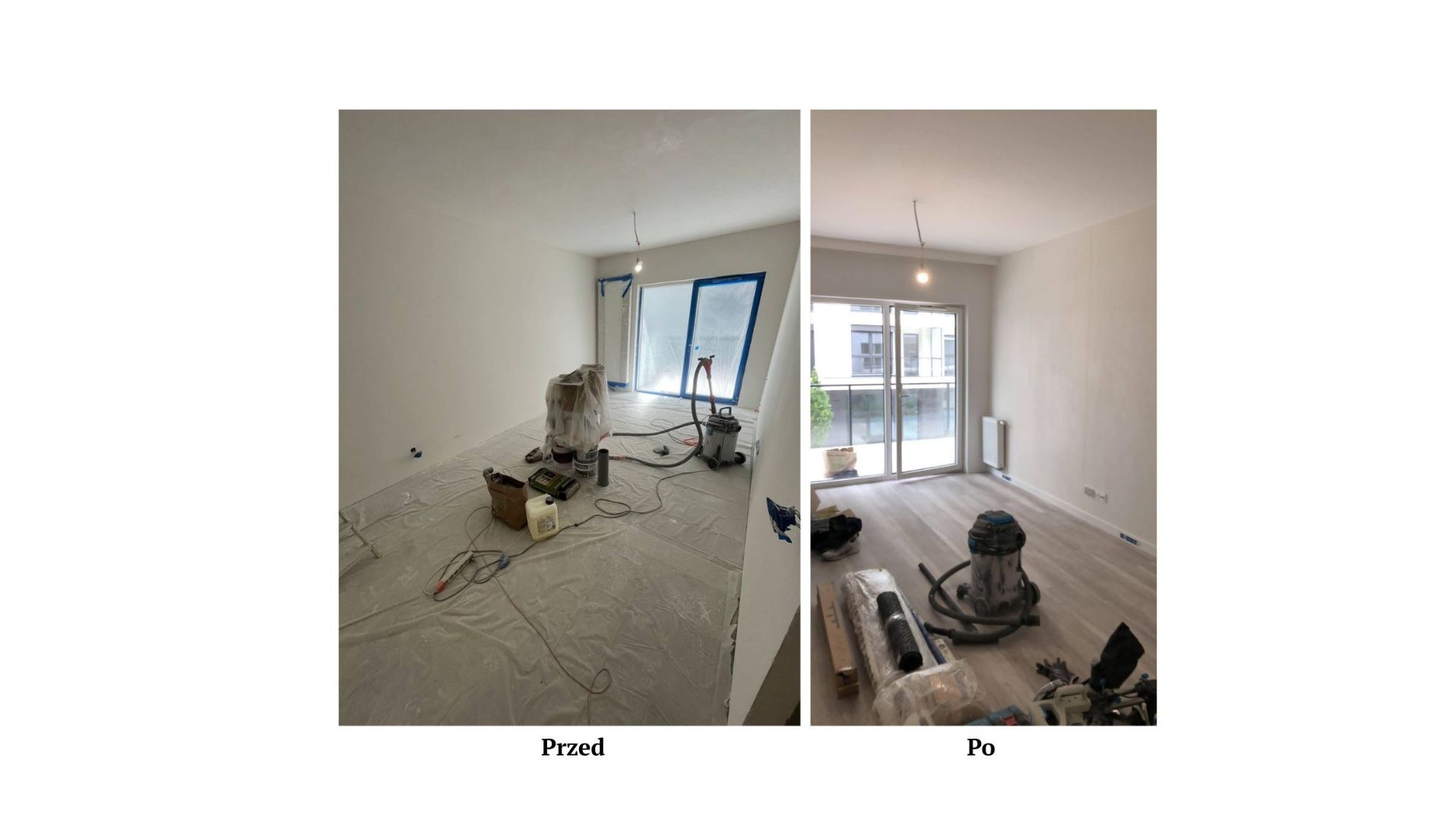 Pokój przed i po malowaniu: zabezpieczone okno folią, sprzęt malarski; po remoncie: czyste ściany, odkurzacz i akcesoria na podłodze. Widok na balkon.