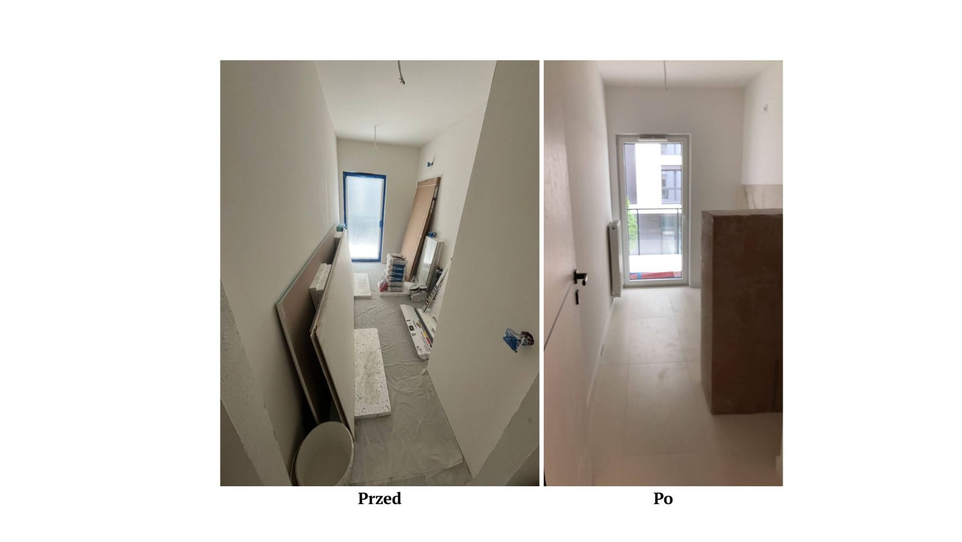 Korytarz 'przed i po' odświeżeniu. Lewa strona pokazuje stan z płytami i narzędziami. Prawa strona ukazuje gładkie ściany, jasne płytki i zapakowany mebel.
