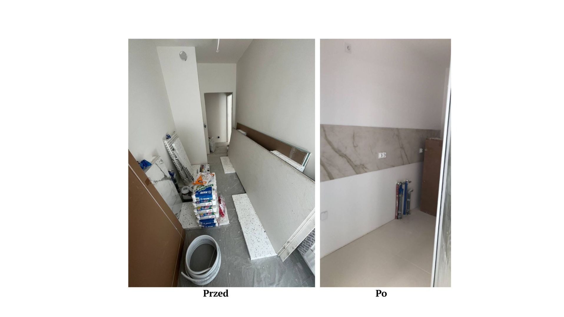 Zdjęcie 'Przed i Po' prezentujące remont łazienki. Po lewej: materiały budowlane, płyty. Po prawej: wykończona ściana z płytkami imitującymi marmur i nowa instalacja wodna.