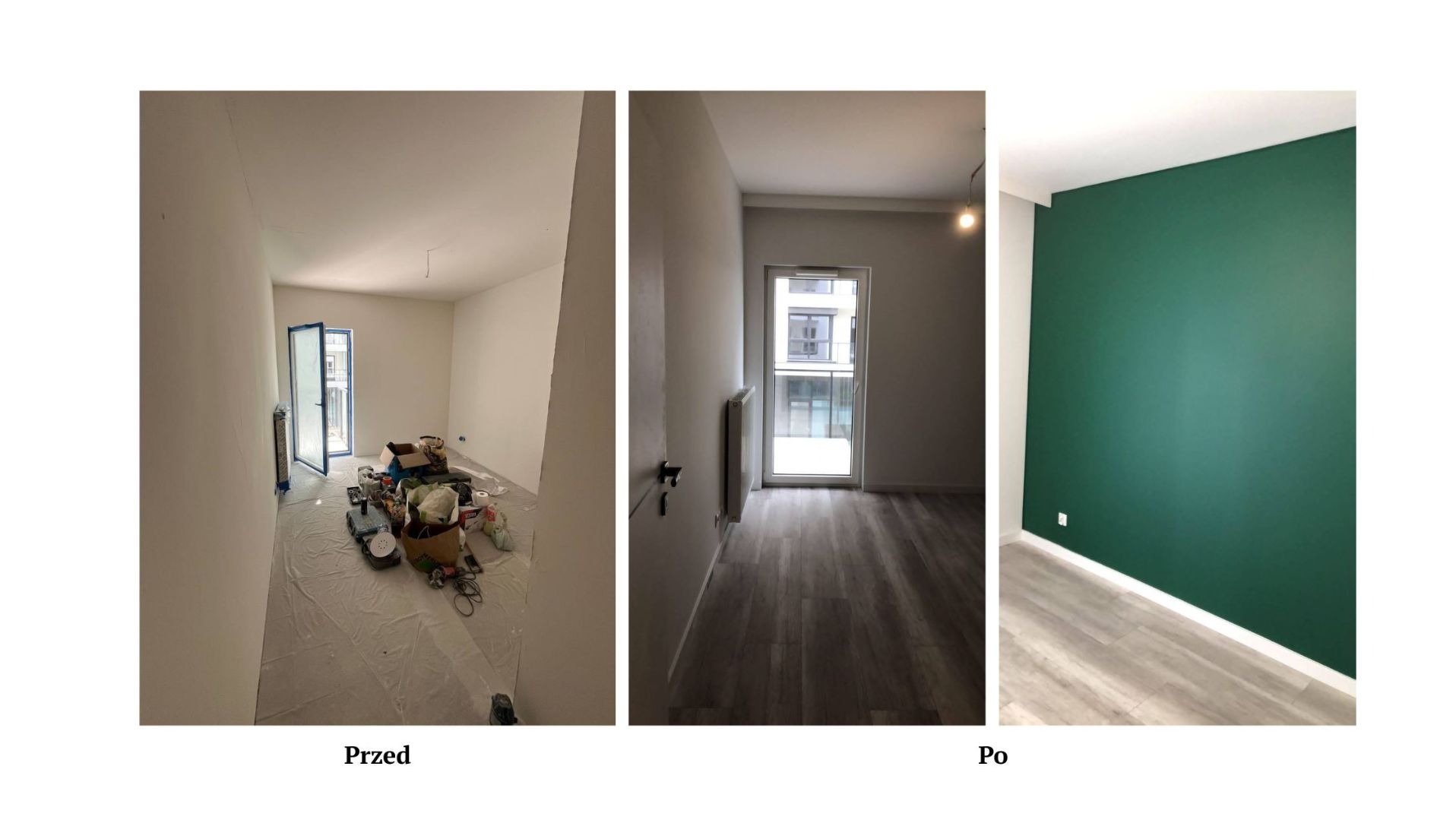 Zdjęcie 'przed i po' ukazujące metamorfozę pokoju: od stanu z przygotowaniami do malowania, do ściany pomalowanej na intensywny, głęboki odcień zieleni. Nowa, jasna podłoga.