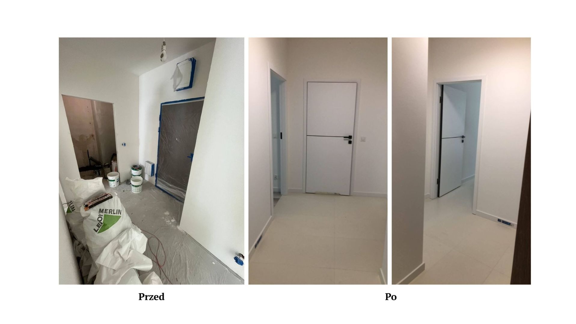 Korytarz po odświeżeniu: widok przed i po malowaniu. Na pierwszym planie worki farby, w tle białe ściany i drzwi z czarnymi klamkami. Nowoczesne wykończenie.