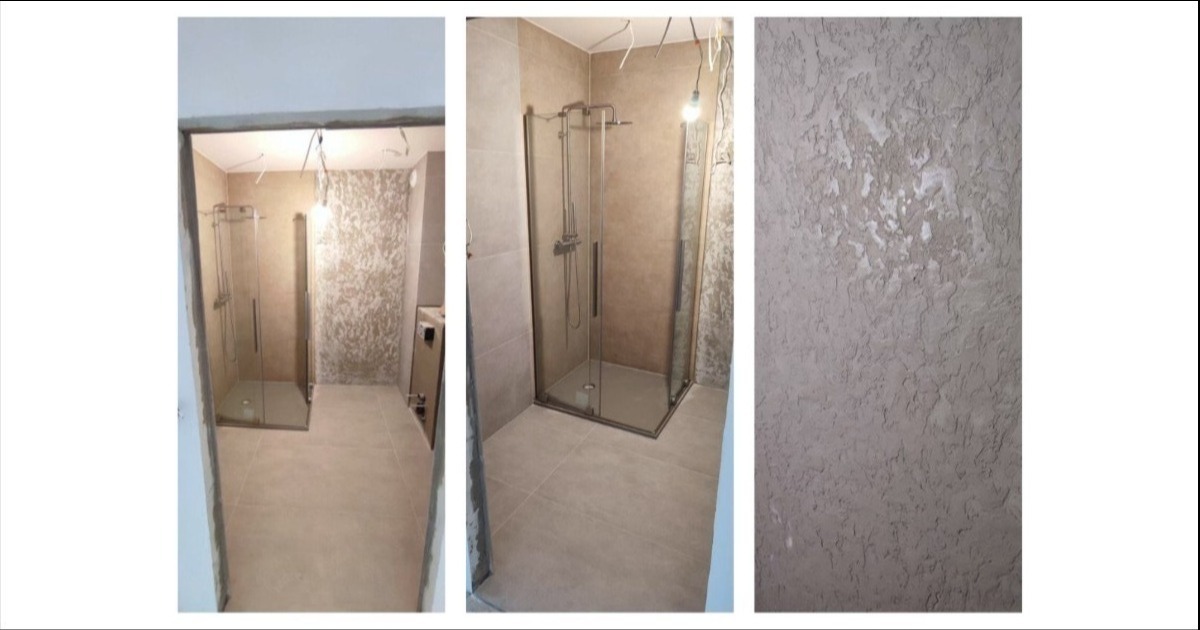 Wykończona łazienka z kabiną prysznicową typu walk-in, beżowe płytki podłogowe i ścienne, dekoracyjna struktura na ścianie. Widok z różnych perspektyw.