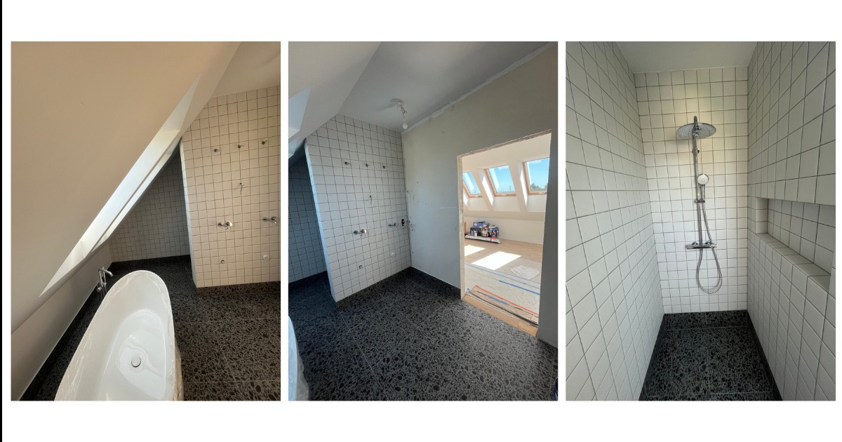 Remont łazienki na poddaszu: białe płytki ścienne, czarna mozaika na podłodze, kabina prysznicowa z deszczownicą, wanna wolnostojąca. Widoczne okna dachowe.