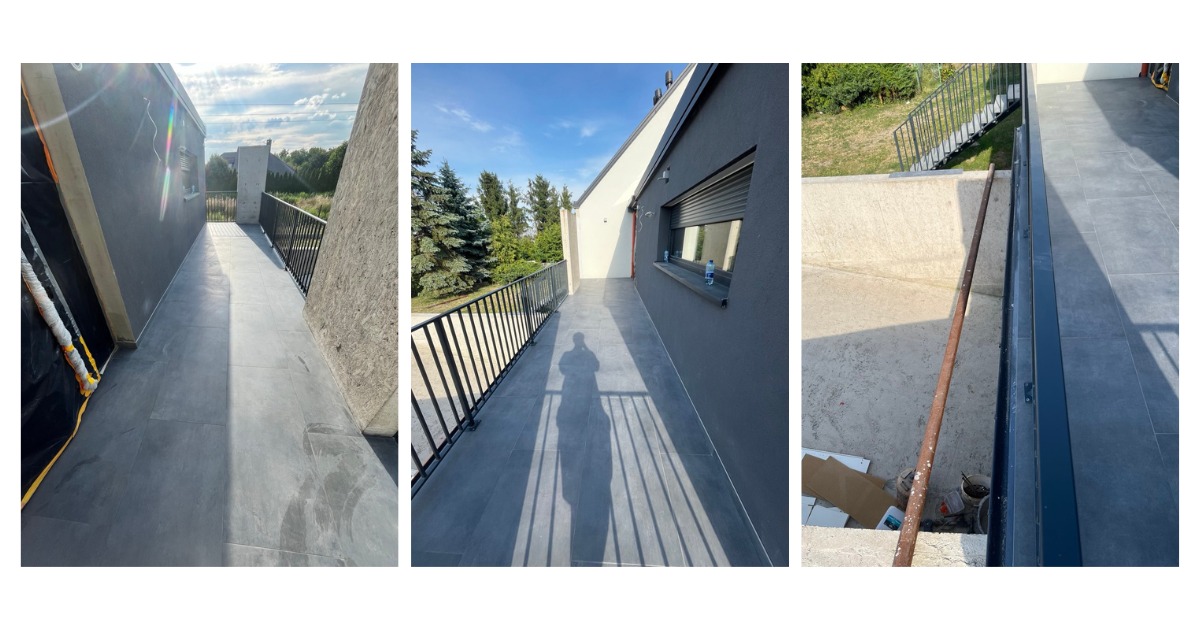 Wykończony balkon z szarymi płytkami, czarną balustradą i elewacją. Widoczny cień osoby robiącej zdjęcie. Ujęcie z trzech perspektyw.