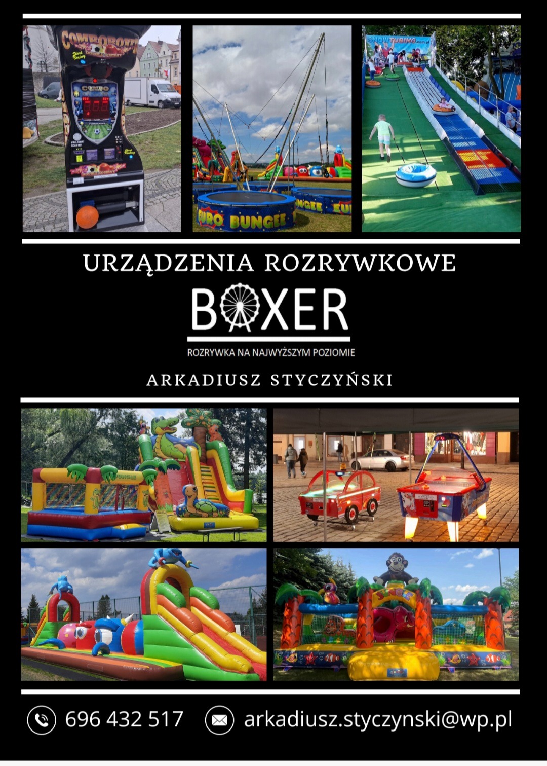 Kolaż zdjęć urządzeń rozrywkowych na wynajem: automat do boksowania z piłką, trampolina eurobungee, tor do snowtubingu, dmuchane zamki ze zjeżdżalniami o tematyce dżungli i zwierząt, samochodziki...