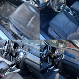 MuchiClean - Kolaż przedstawiający wnętrze samochodu Suzuki Vitara przed i po czyszczeniu, z wyraźną różnicą w czystości siedzeń, dywaników i kokpitu.