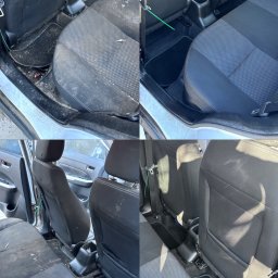 MuchiClean - Porównanie wnętrza samochodu przed i po czyszczeniu: po lewej stronie widoczne zabrudzenia na tapicerce i podłodze, po prawej - czyste fotele i dywaniki.