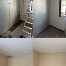 Czteropanelowe ujęcie pokoju: przed i po czyszczeniu ściany z pleśni, z zabezpieczeniem folią i taśmą malarską, oraz drabina aluminiowa w rogu.