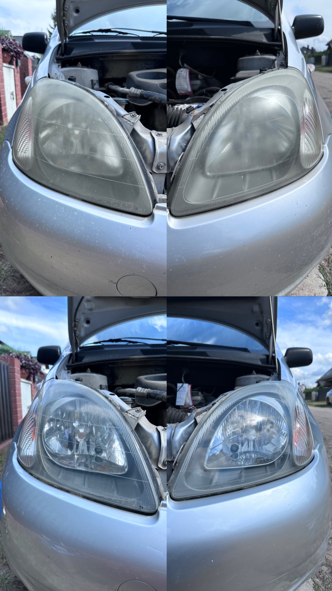 Reflektor samochodowy przed i po renowacji, widoczna różnica w przejrzystości klosza, brudny vs. czysty, porównanie na srebrnym samochodzie z otwartą maską.