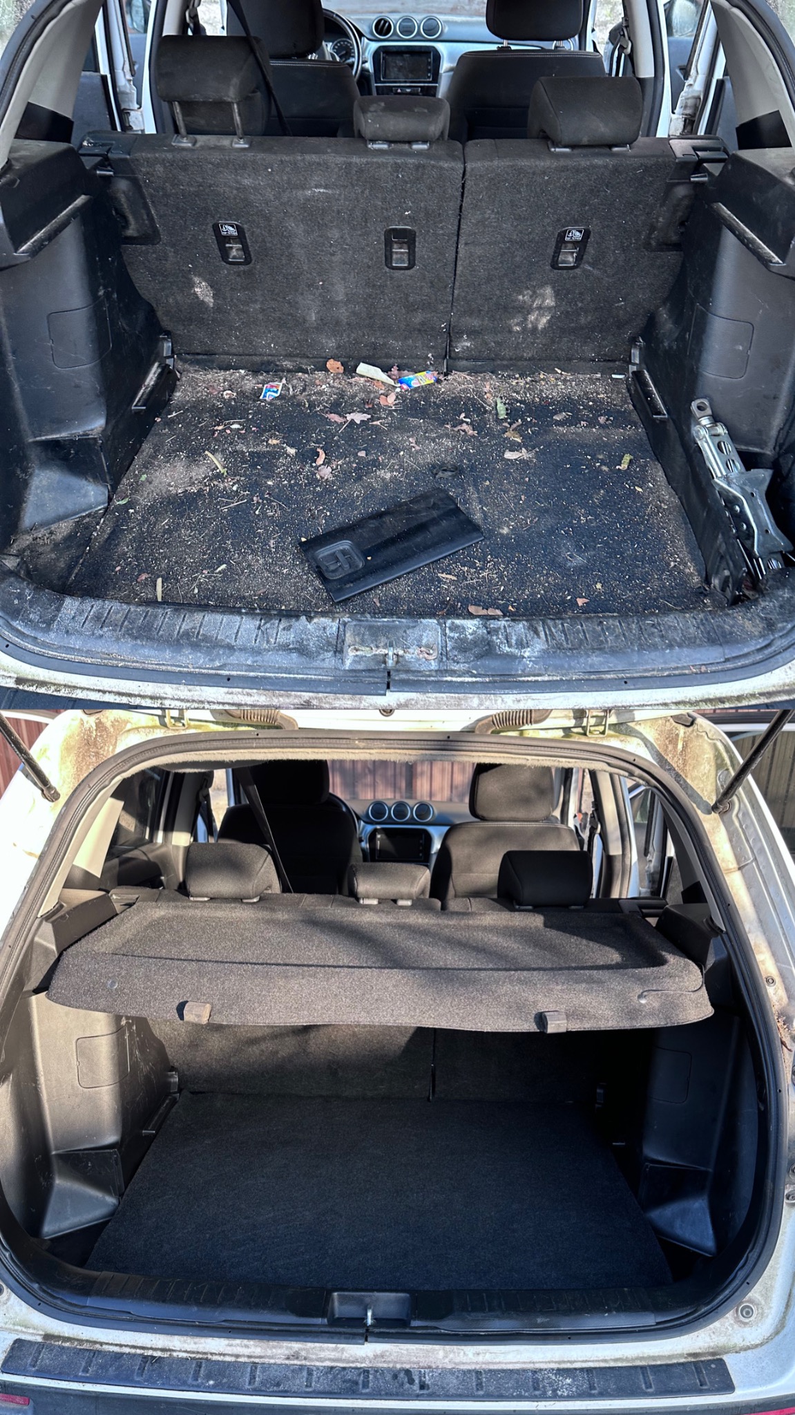 Porównanie bagażnika samochodu przed i po sprzątaniu: widoczny brud, liście i śmieci przed oraz czysty, uporządkowany bagażnik po.