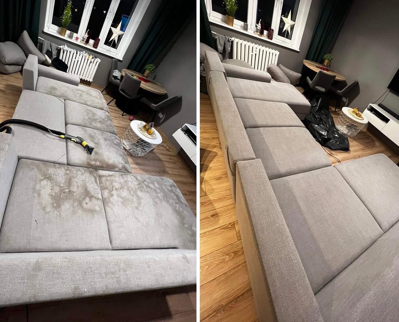 Porównanie stanu narożnika przed i po czyszczeniu. Po lewej stronie widoczne plamy i zabrudzenia, po prawej - czysta, szara tapicerka. Na czyszczonej części leży ssawka odkurzacza piorącego.