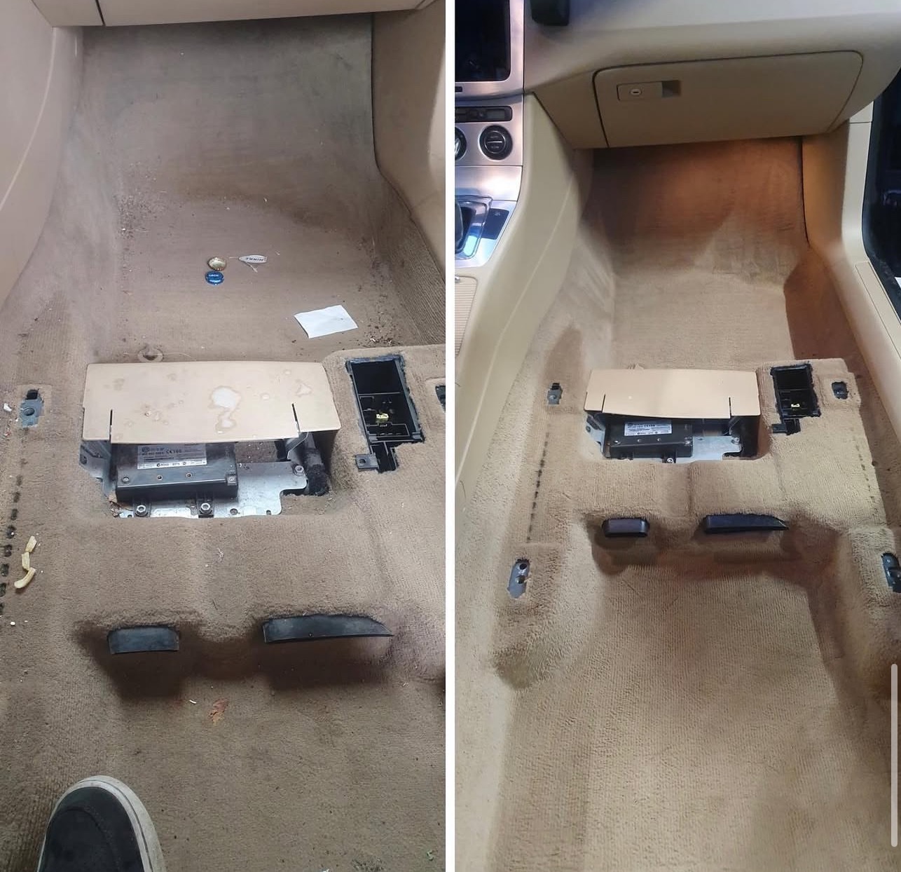 Porównanie czyszczenia dywaników samochodowych: po lewej stronie brudny, po prawej wyczyszczony beżowy dywanik w aucie, widoczne ślady po mocowaniu foteli i pedałach