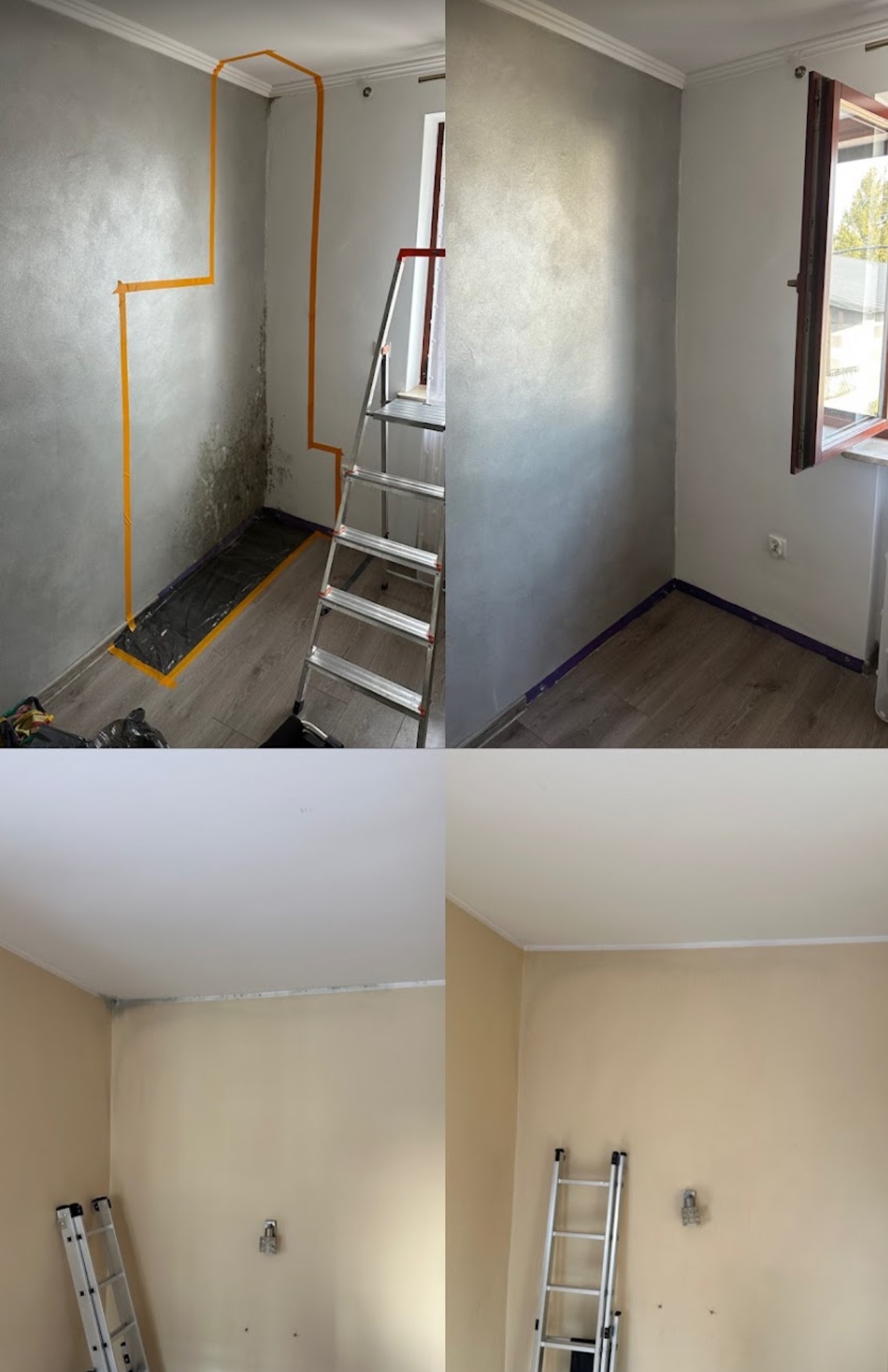 Czteropanelowe ujęcie pokoju: przed i po czyszczeniu ściany z pleśni, z zabezpieczeniem folią i taśmą malarską, oraz drabina aluminiowa w rogu.
