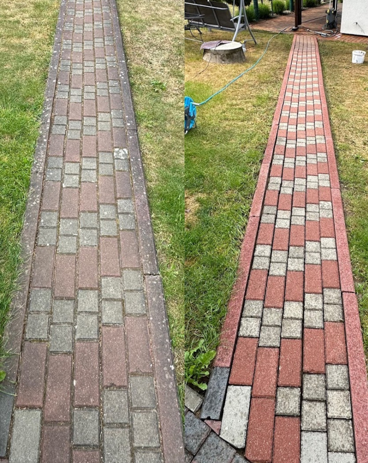 Porównanie kostki brukowej przed i po czyszczeniu: po lewej stronie zabrudzona, po prawej odświeżona, z widoczną różnicą w kolorze i brakiem zabrudzeń.