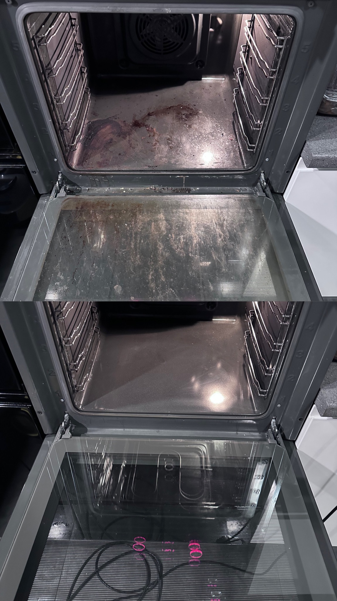 Zdjęcie przedstawia wnętrze piekarnika w dwóch ujęciach: górne ukazuje wnętrze silnie zabrudzone tłuszczem i resztkami jedzenia, dolne prezentuje wnętrze po czyszczeniu, z widoczną czystą...