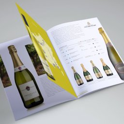 idesign JAROSŁAW JAWORSKI - Katalog produktowy z prezentacją różnych butelek szampana i prosecco, otwarty na dwóch stronach, z widocznymi detalami etykiet i cen.