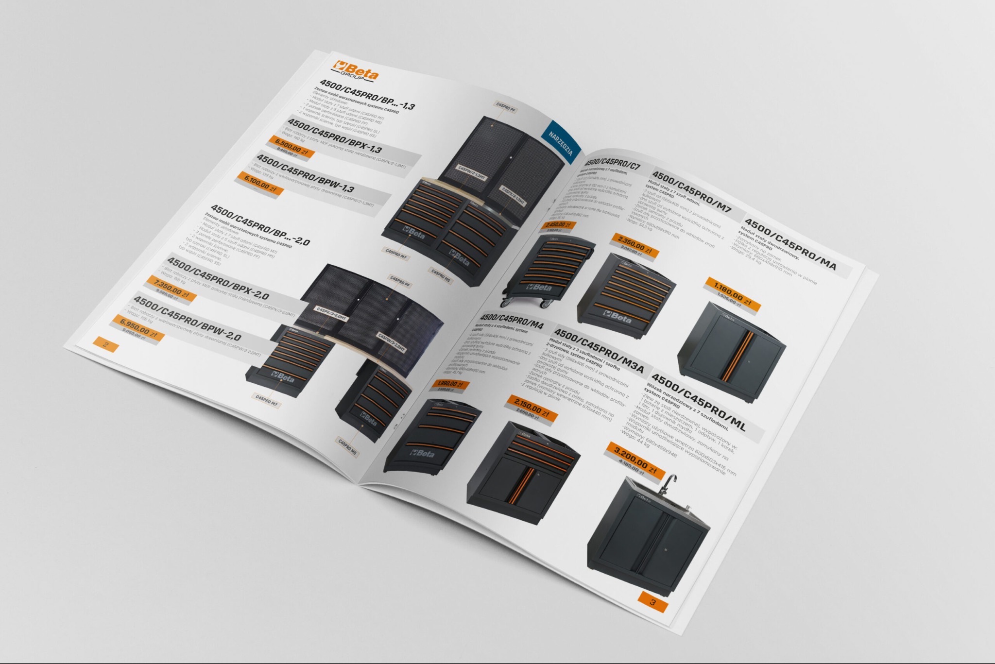 Katalog produktowy prezentujący zestawy mebli warsztatowych Beta, w tym moduły z szufladami, panele perforowane i blaty robocze, z różnymi konfiguracjami i cenami.