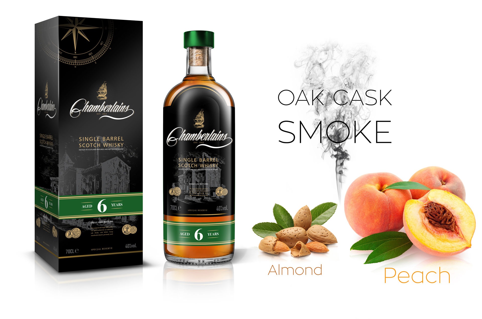 Butelka i pudełko whisky single barrel Scotch Chamberlain's Aged 6 Years, z migdałami, brzoskwiniami i dymem dębowym na białym tle.