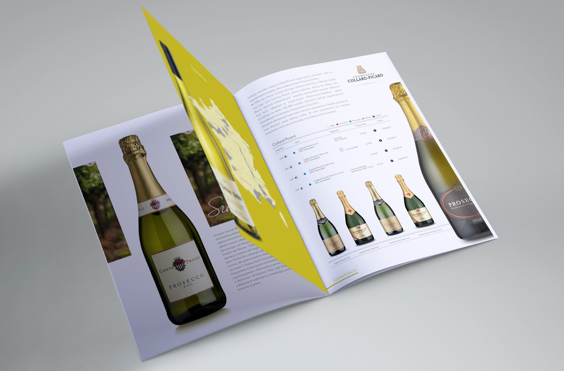 Katalog produktowy z prezentacją różnych butelek szampana i prosecco, otwarty na dwóch stronach, z widocznymi detalami etykiet i cen.