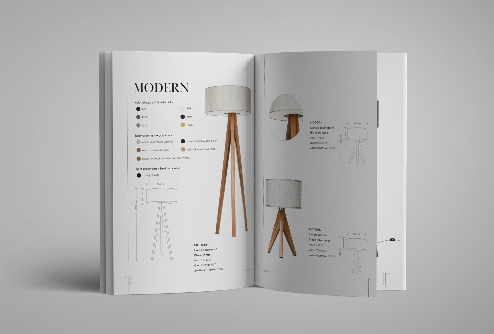 Katalog z otwartą stroną prezentującą lampy w stylu nowoczesnym, z rysunkami technicznymi i specyfikacją kolorystyczną abażurów i drewna.