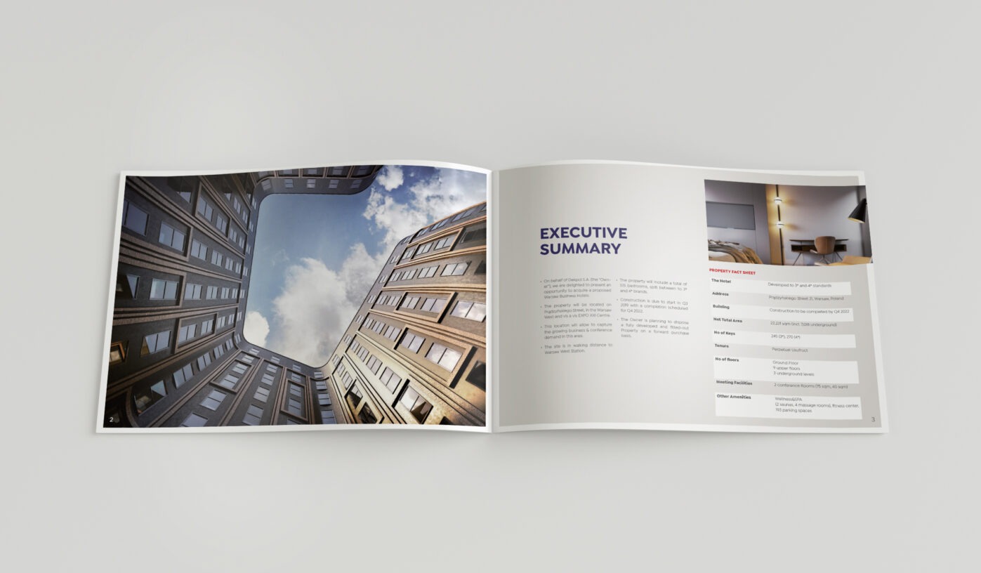 Otwarta broszura reklamowa prezentująca wizualizację budynku biurowego z perspektywy dziedzińca, obok tekst 'Executive Summary' i 'Property Fact Sheet'.