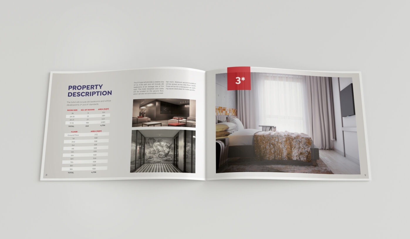 Otwarta broszura reklamowa prezentująca wizualizacje wnętrz hotelowych, w tym pokój z łóżkiem i salon z nowoczesnym wystrojem.