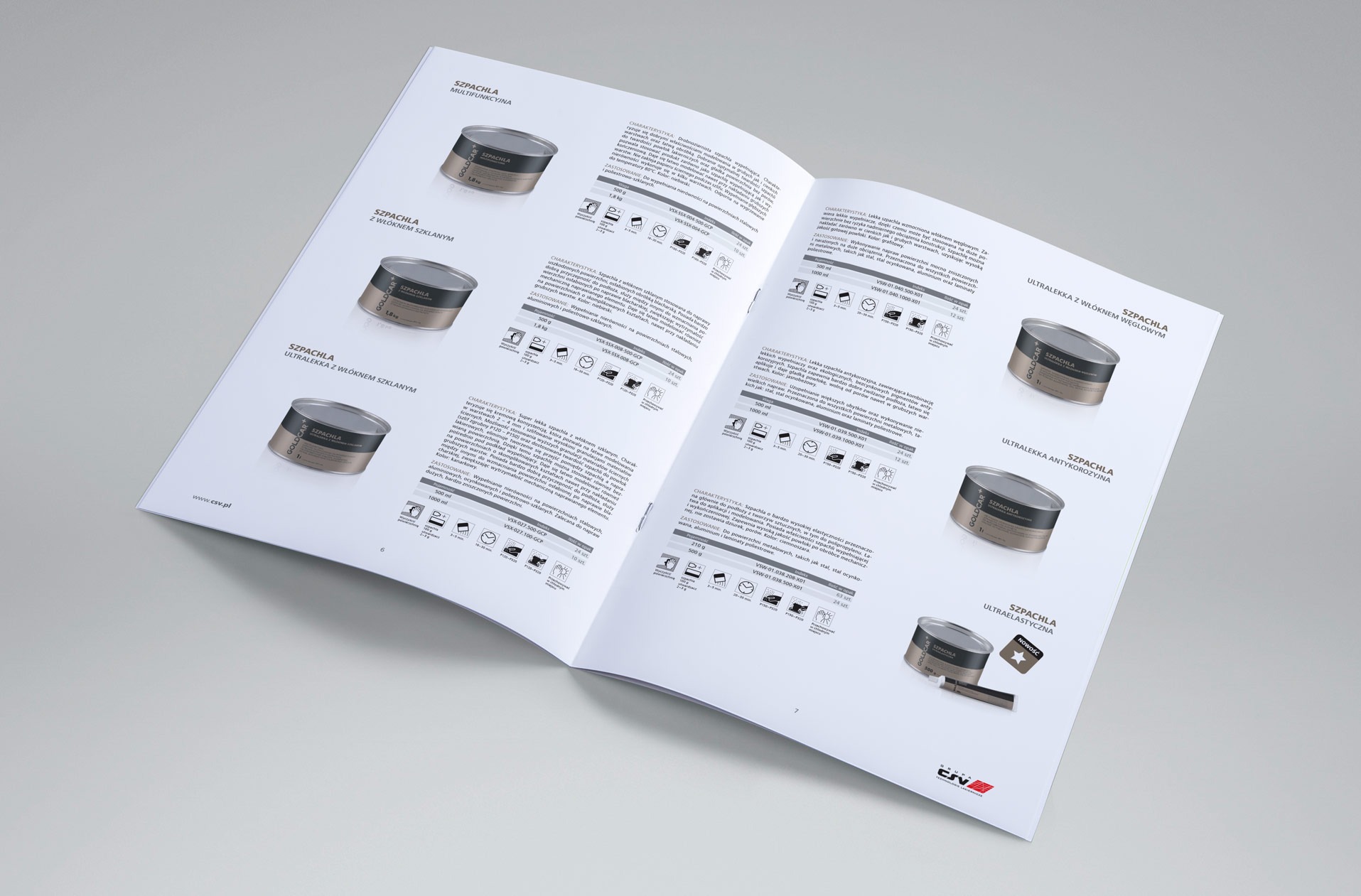 Otwarta broszura reklamowa z produktami szpachlowymi Goldcar, prezentująca różne rodzaje szpachli z opisami i danymi technicznymi.