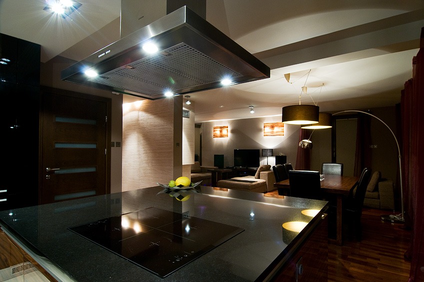 Nowoczesna kuchnia z czarnym blatem i płytą indukcyjną, okapem ze stali nierdzewnej z oświetleniem oraz widokiem na salon w tle