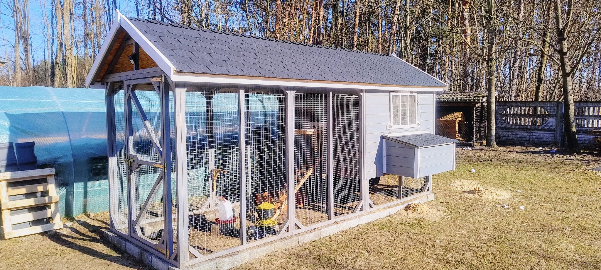 Drewniany kurnik z siatką, szarą dachówką i budką lęgową, stojący na betonowej podmurówce, z widocznym wyposażeniem dla kur i otoczeniem z drzew i trawy.