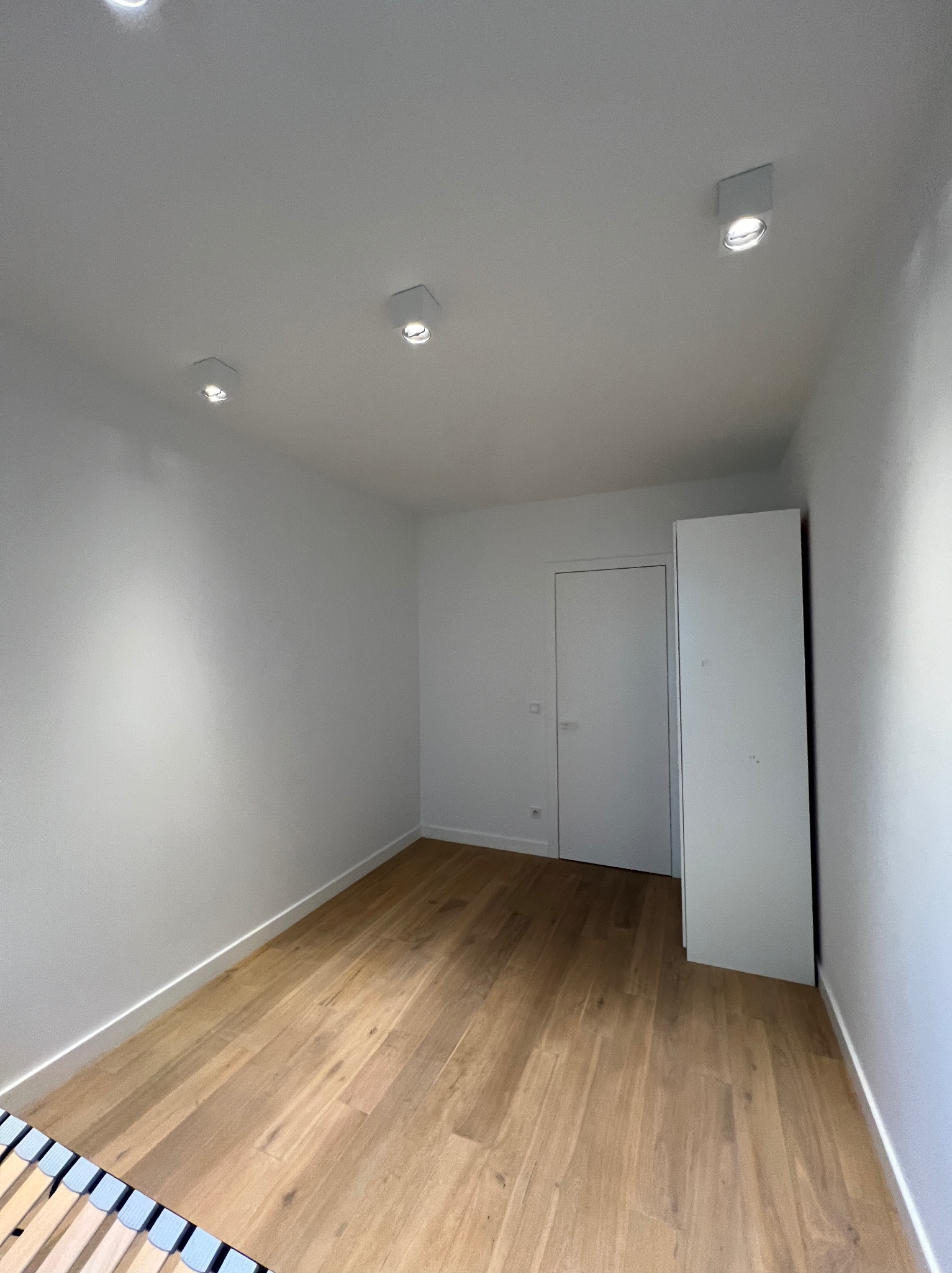 Puste, białe pomieszczenie z drewnianą podłogą, białymi ścianami, drzwiami i szafą, oświetlone przez punktowe lampy sufitowe.
