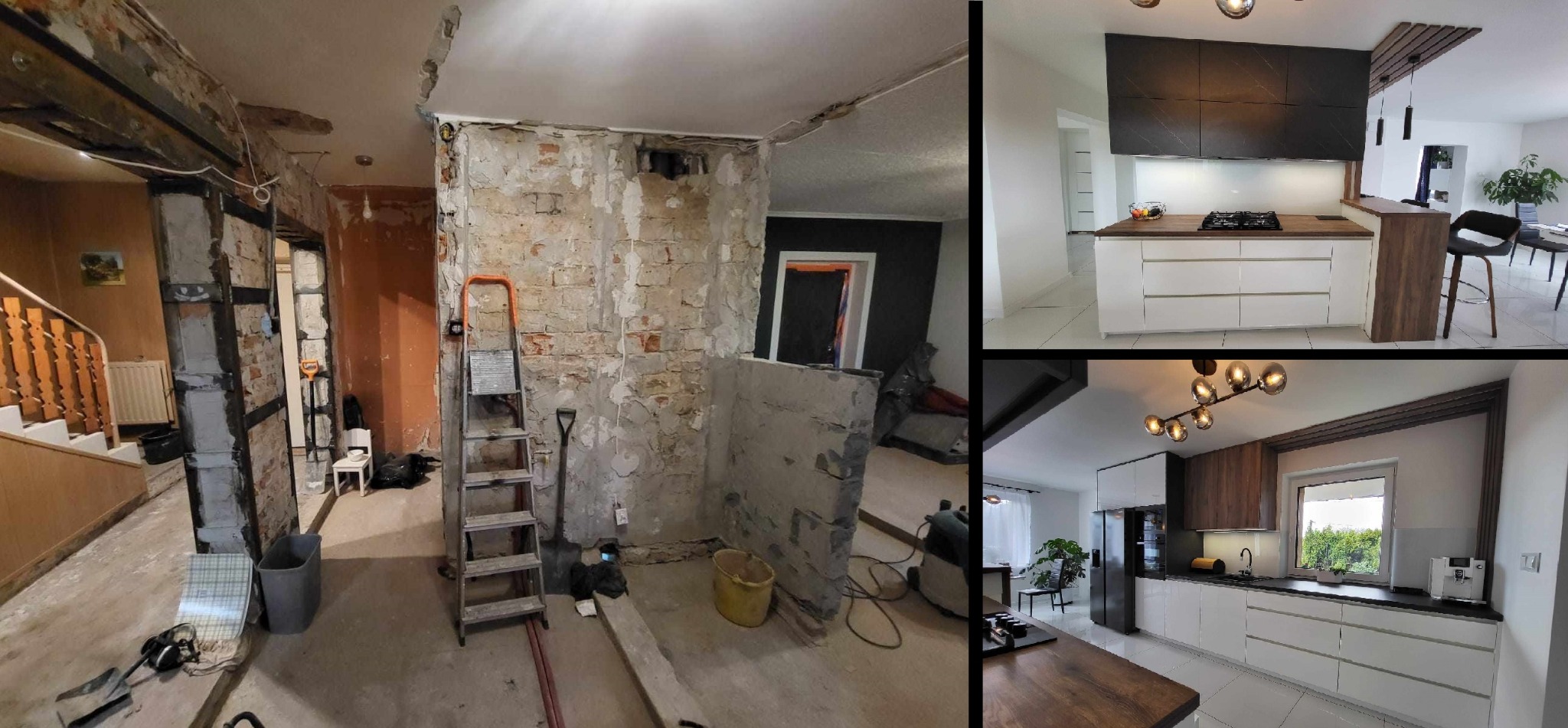 Fotografia przedstawia zestawienie stanu przed i po remoncie. Po lewej stronie widoczny fragment wnętrza w trakcie prac: odsłonięta cegła, drabina, narzędzia. Po prawej stronie kolaż przedstawia...