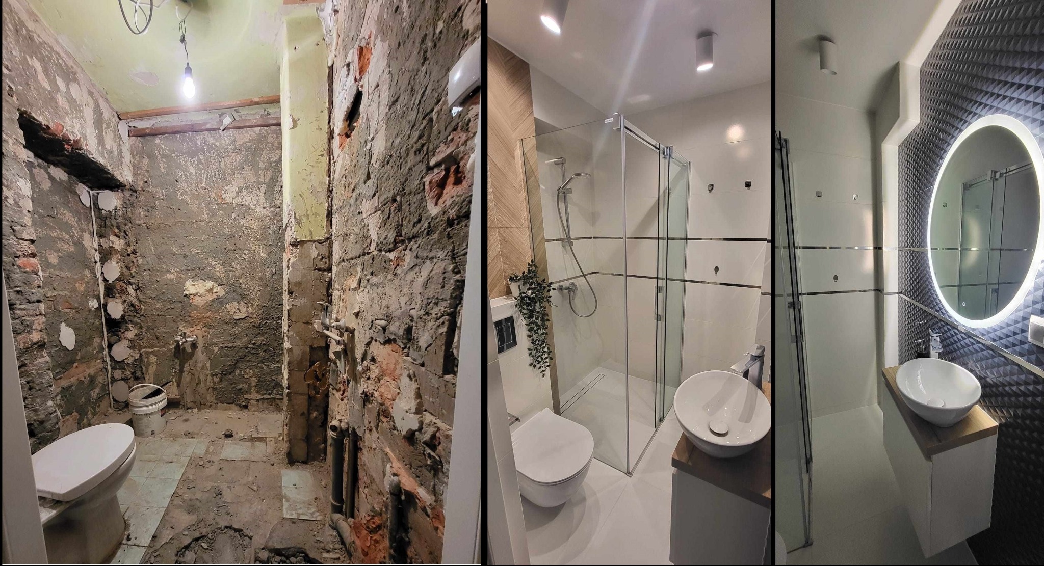 Fotografia przedstawia metamorfozę łazienki: po lewej stan surowy z odsłoniętą cegłą i instalacjami, po prawej wykończona, nowoczesna łazienka z kabiną prysznicową, wiszącą toaletą i okrągłym...