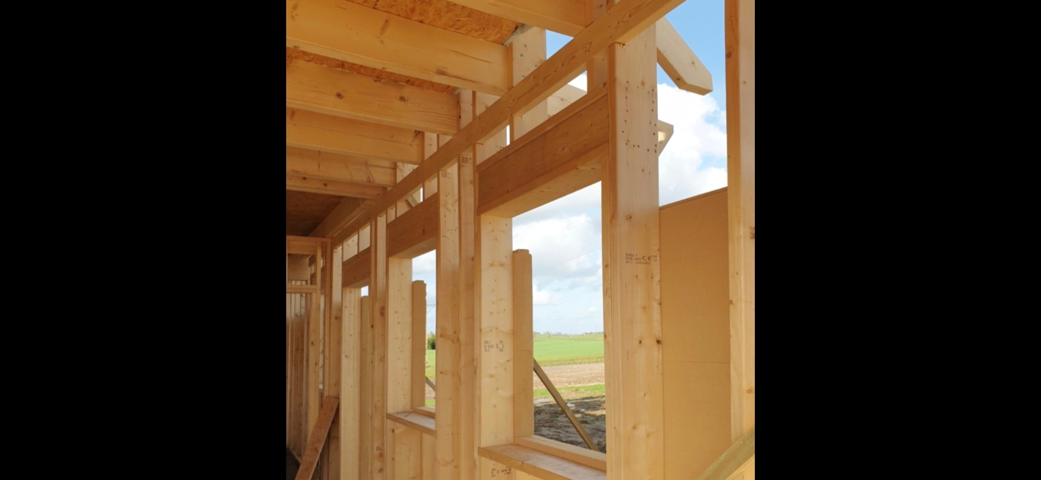 Konstrukcja szkieletowa domu w trakcie budowy, widoczne drewniane belki i słupy, okna z widokiem na pole, niebo w tle.