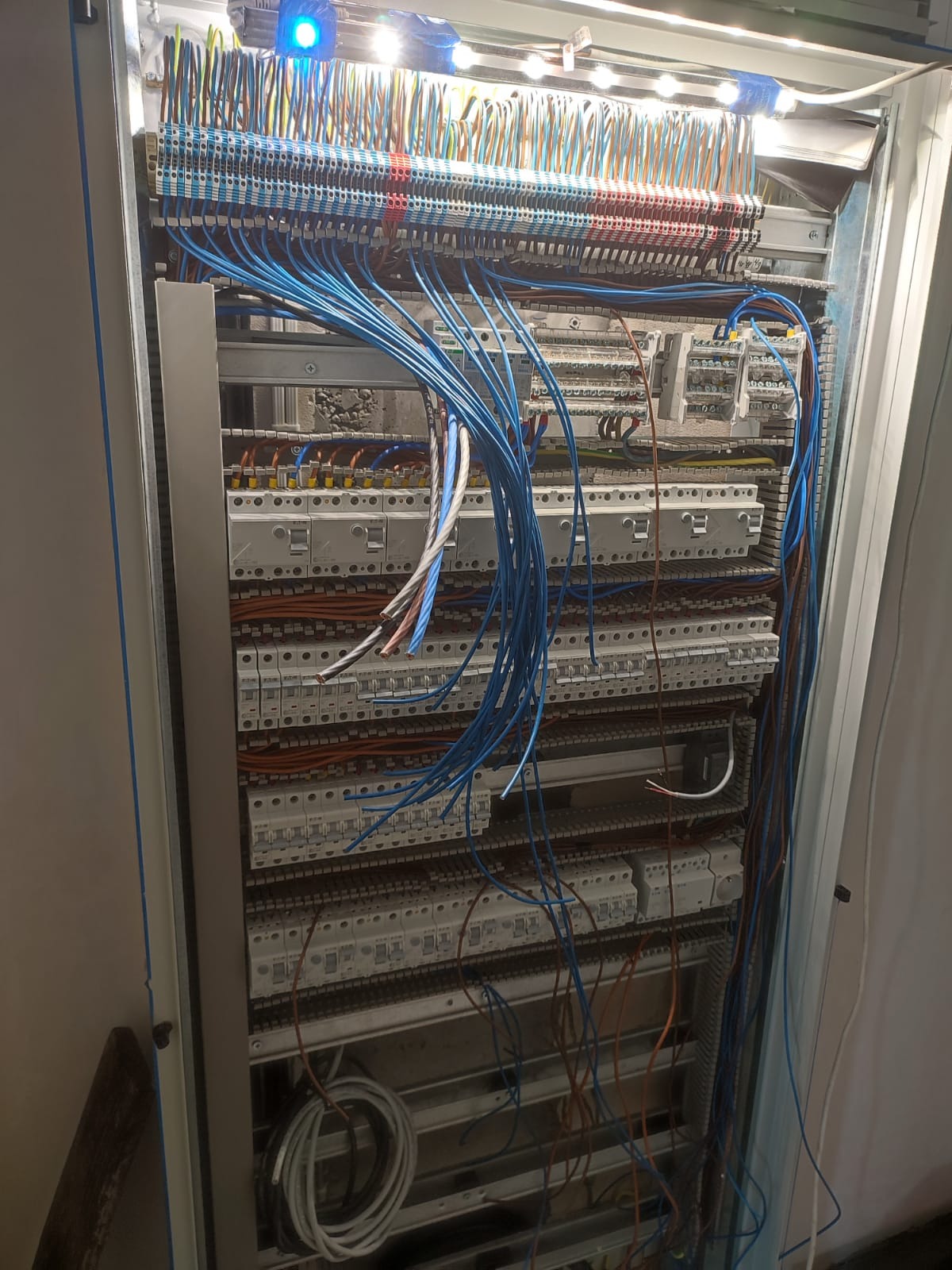 Rozdzielnica elektryczna z licznymi przewodami w kolorze niebieskim, pomarańczowym i brązowym, ułożonymi wewnątrz metalowej obudowy z oświetleniem LED u góry.