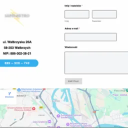 Formularz kontaktowy z logo firmy Sapelektro, adresem w Wałbrzychu, numerem telefonu i mapą Gdańska w tle.