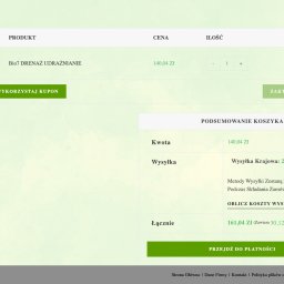QuickWEB - Fragment strony internetowej sklepu z koszykiem, prezentujący podsumowanie zamówienia na produkt Bio7 Drenaż Udrażnianie, z uwzględnioną kwotą, kosztami wysyłki i łączną sumą do zapłaty.