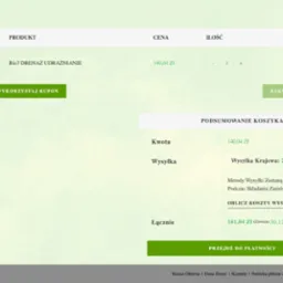 Fragment strony internetowej sklepu z koszykiem, prezentujący podsumowanie zamówienia na produkt Bio7 Drenaż Udrażnianie, z uwzględnioną kwotą, kosztami wysyłki i łączną sumą do zapłaty.