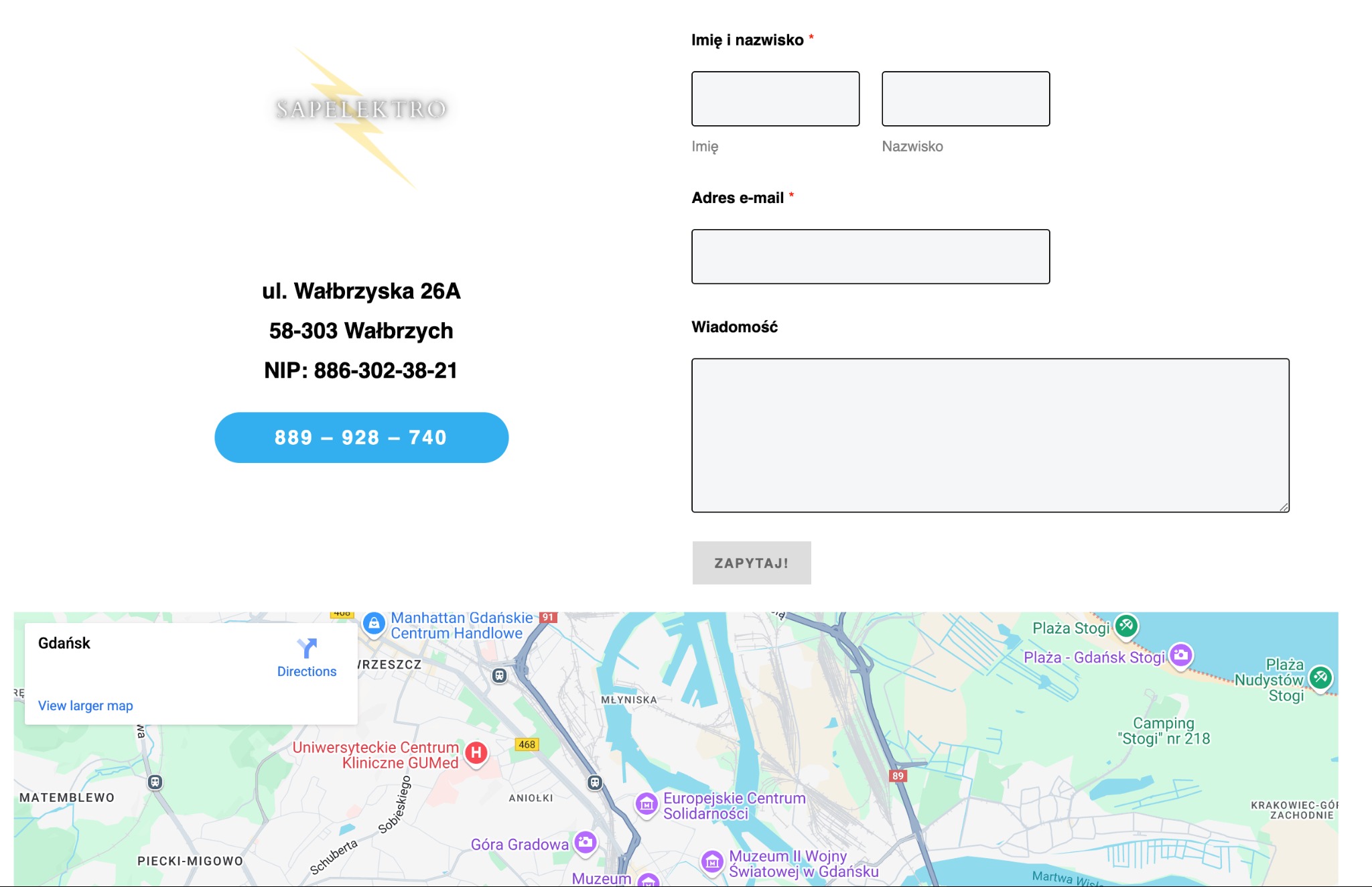 Formularz kontaktowy z logo firmy Sapelektro, adresem w Wałbrzychu, numerem telefonu i mapą Gdańska w tle.