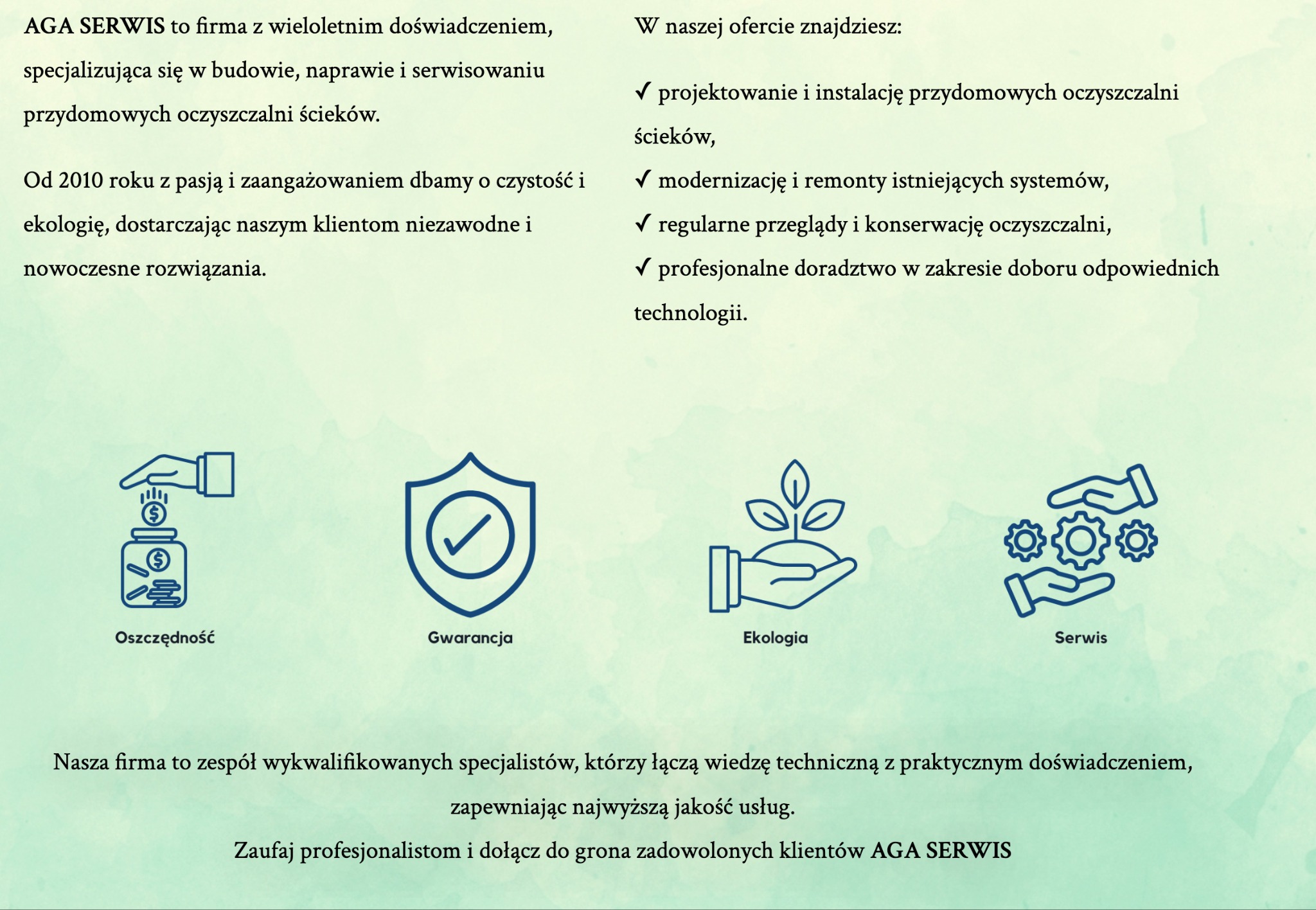 Grafika reklamowa firmy AGA SERWIS prezentująca zakres usług: projektowanie, instalacja, modernizacja, przeglądy i doradztwo w obszarze przydomowych oczyszczalni ścieków, z ikonami symbolizującymi...