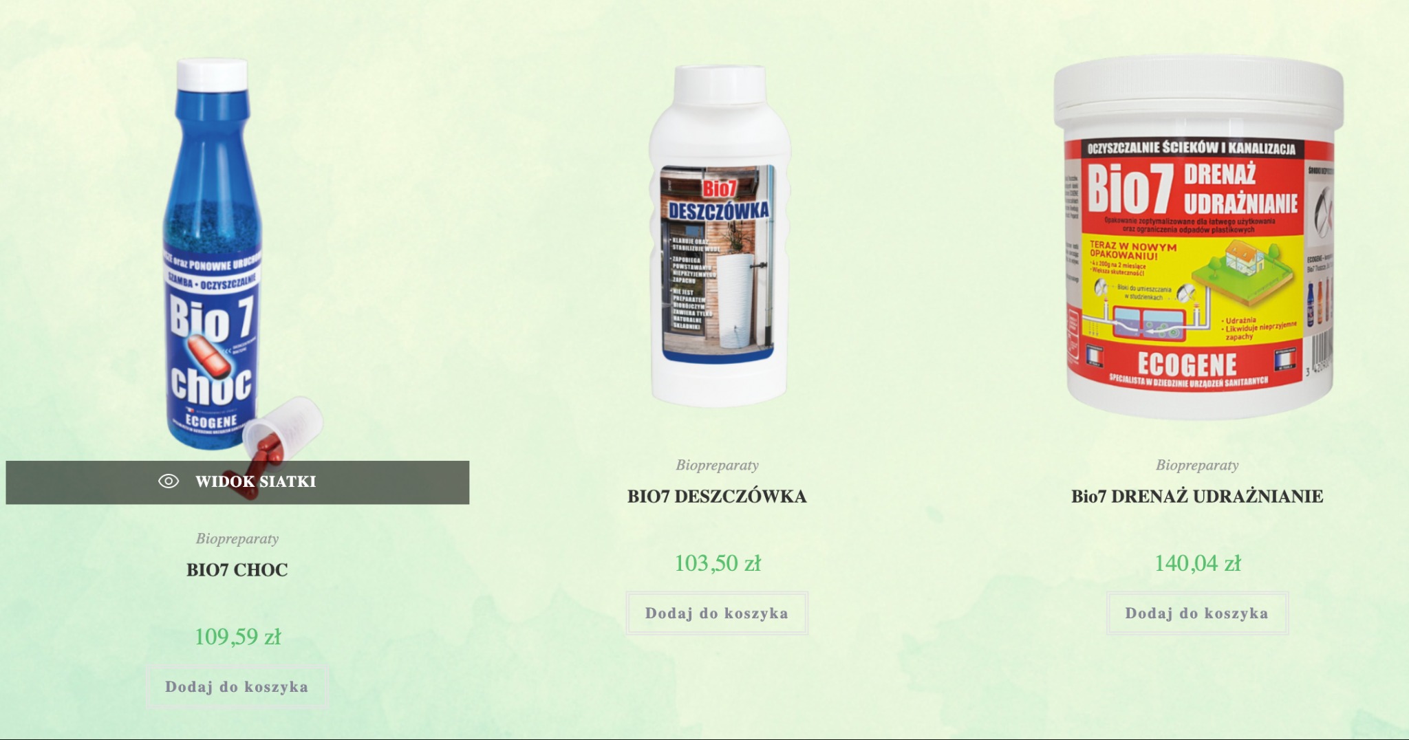 Trzy produkty Bio7: Choc, Deszczówka i Drenaż Udrażnianie, prezentowane na jasnym tle, każdy z widoczną ceną i przyciskiem 'Dodaj do koszyka'.